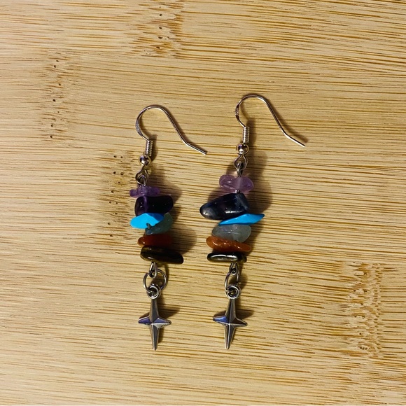 Star Chakra Pendant Dangle Earrings Stone Crystal Handmade Hook Silver Charm - Picture 5 of 5